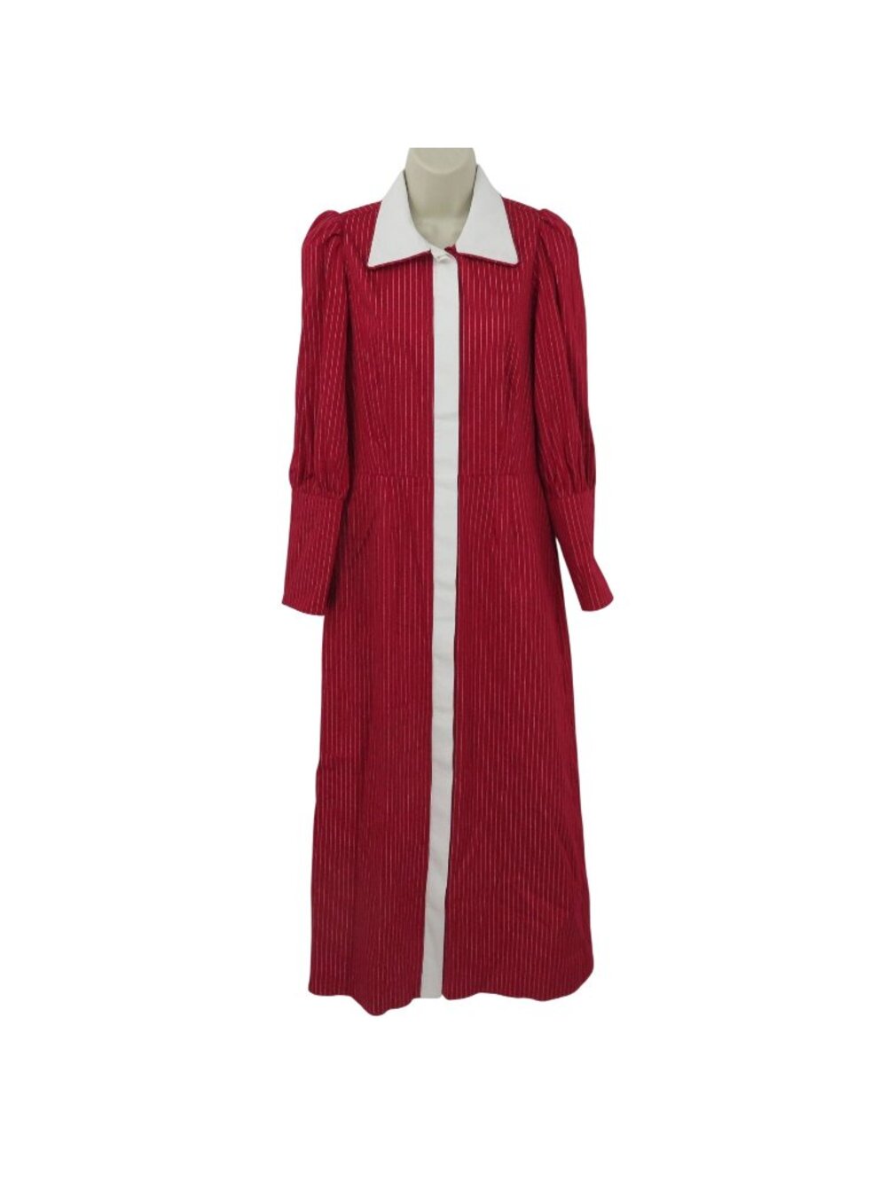 Buru Women Small Red Pinstripe White Collar Long Sleeve Button Front Work Dress
